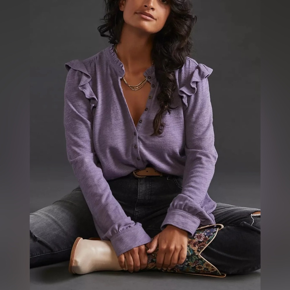 Pilcro Ruffled Henley Long Sleeve Top in Purple x Anthropologie